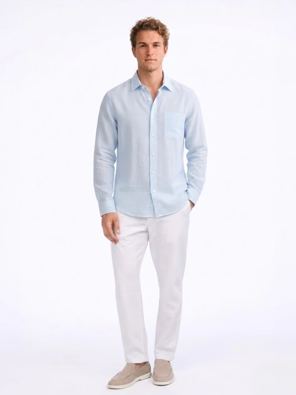 Linen Rich Light Blue Stripe Shirt - Image 3