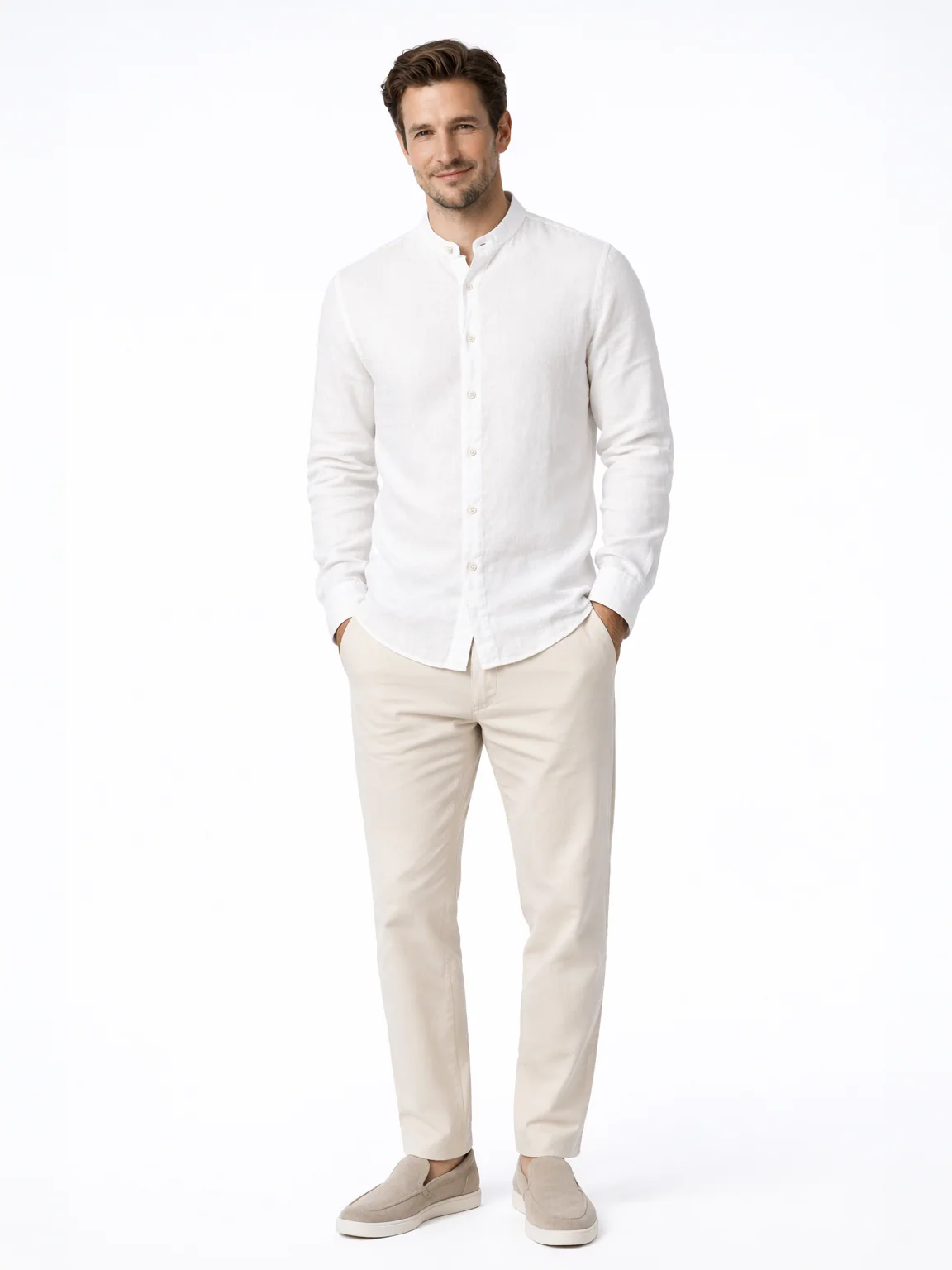Linen Rich White Mandarin Collar Shirt - Image 2