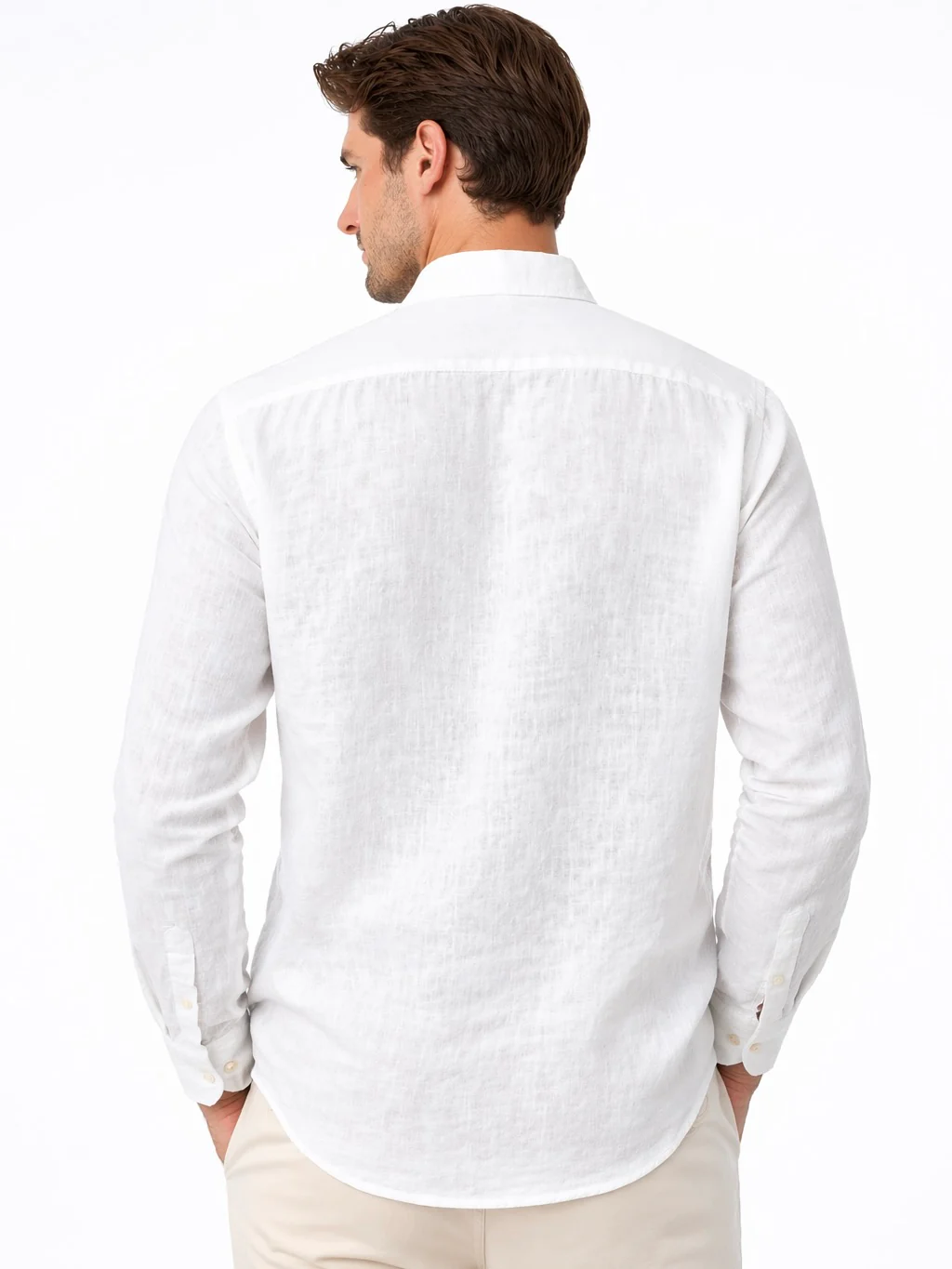 Linen Rich White Mandarin Collar Shirt - Image 3