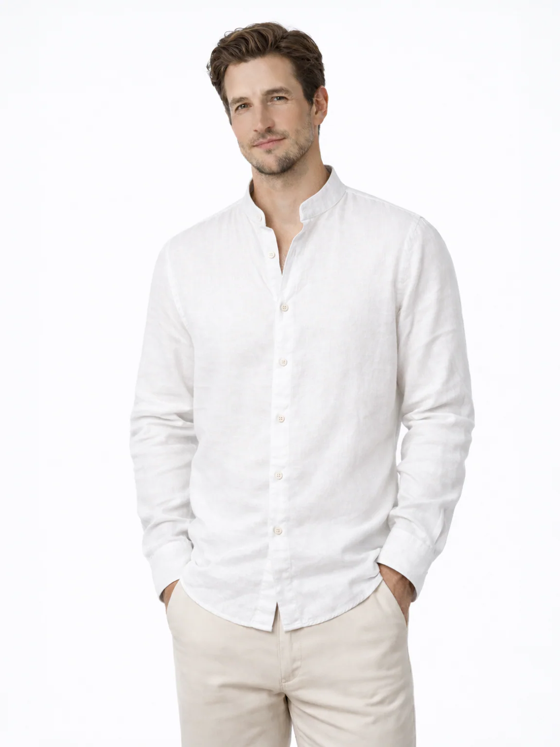 Linen Rich White Mandarin Collar Shirt - Image 5