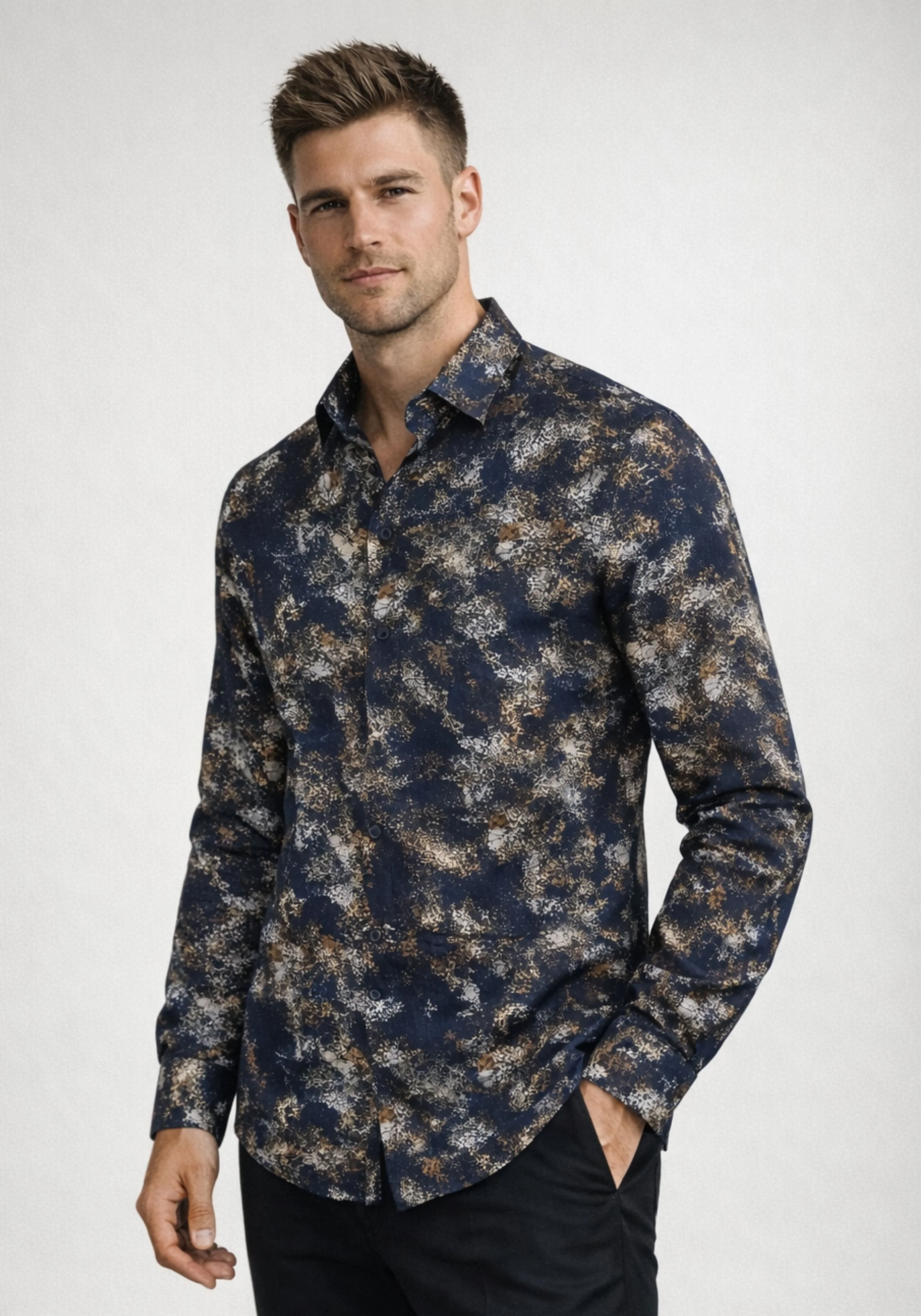 Abstract Blue Metallic Print Shirt - Image 6