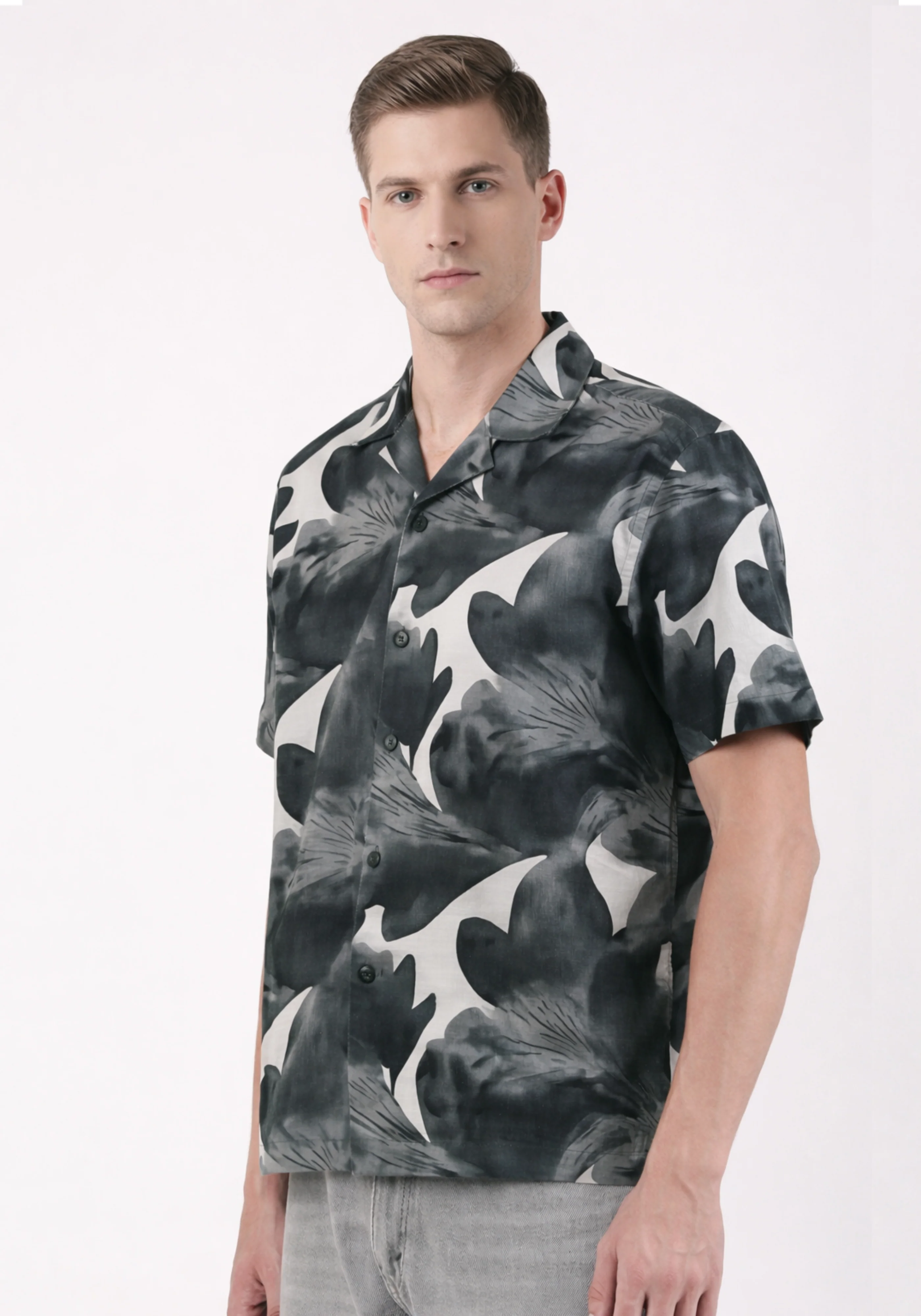 Charcoal Cuban Collar Print Shirt - Image 6
