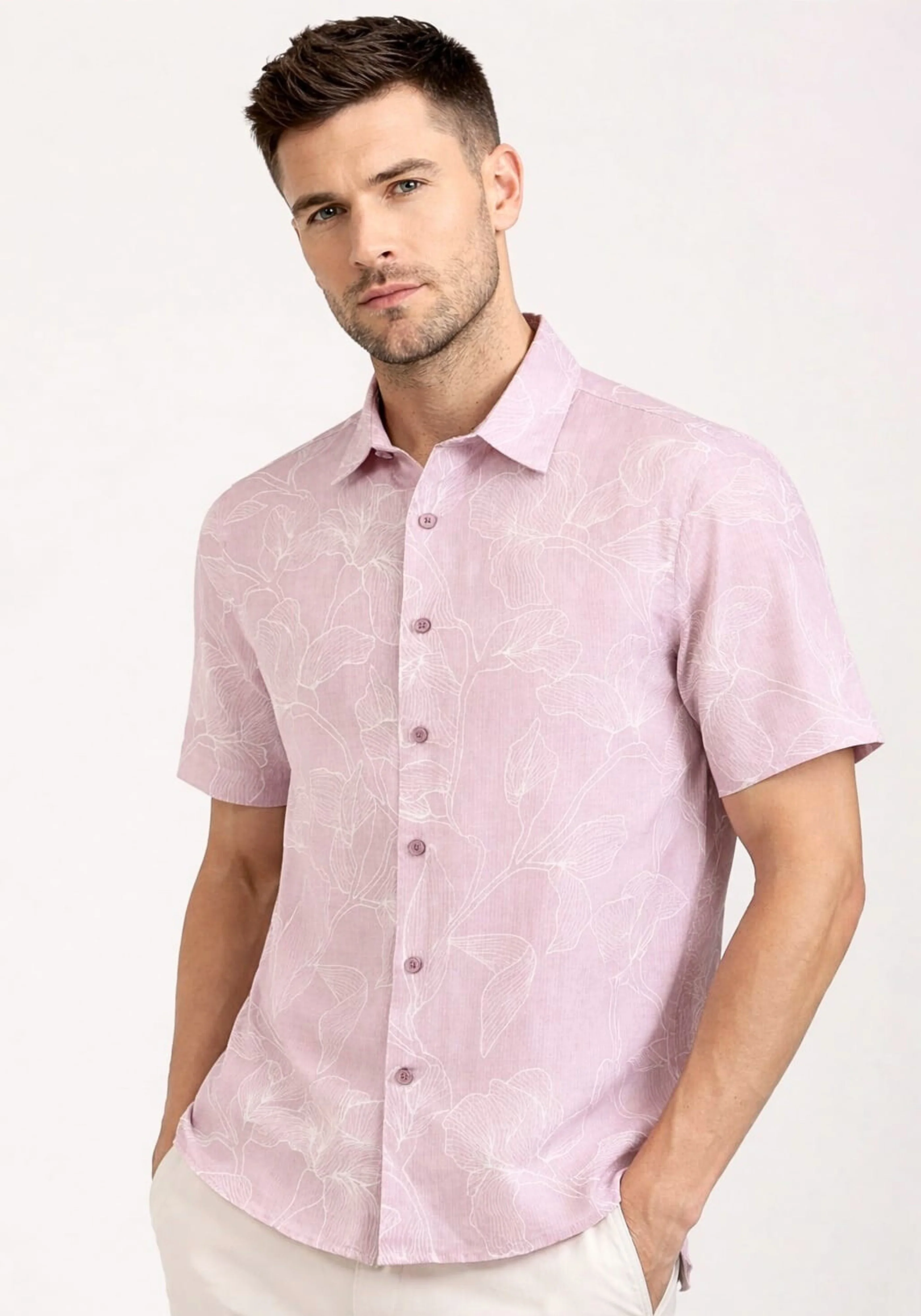 Linen Rich Dusty Pink Print Shirt - Image 6