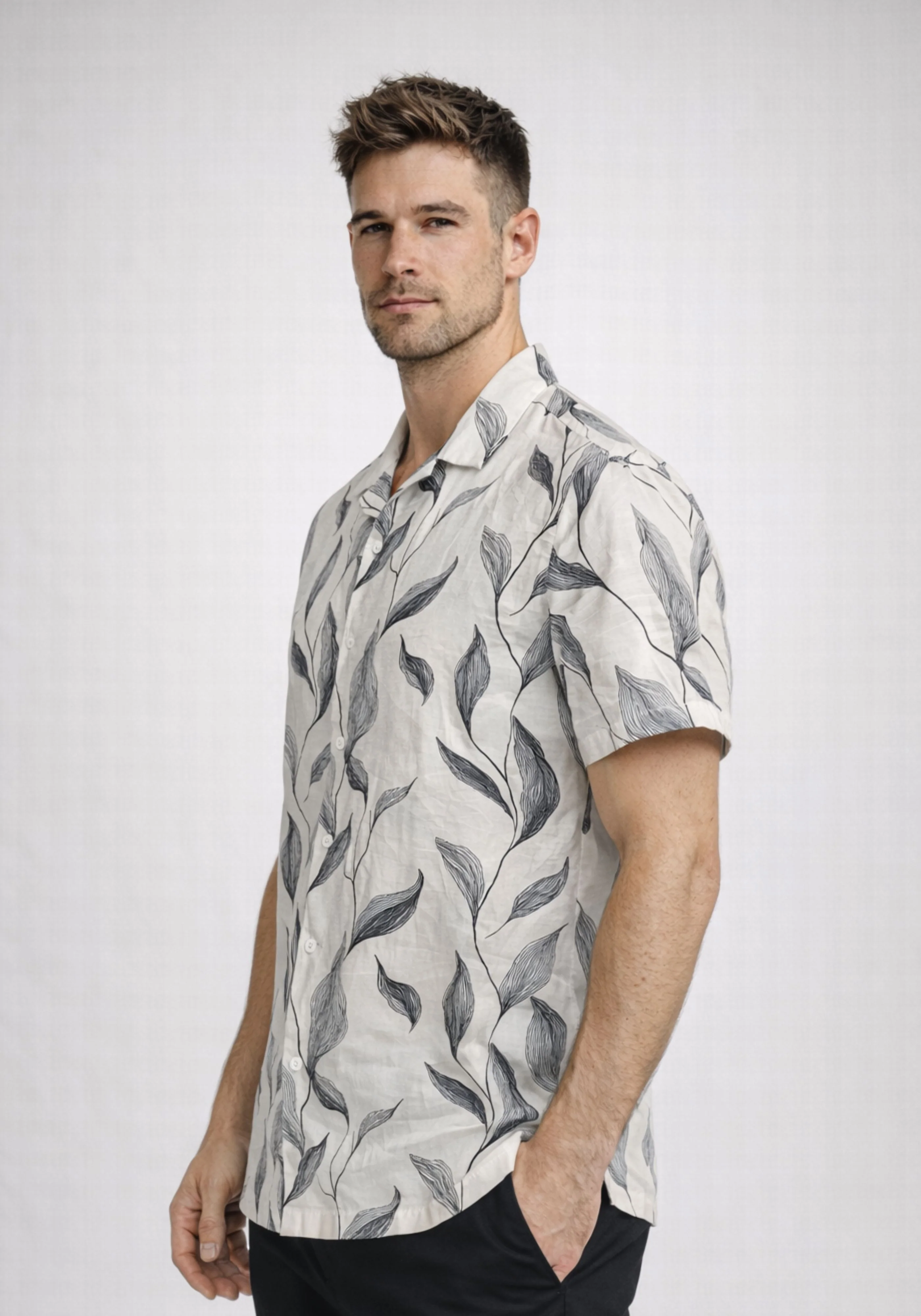 Linen Rich Ivory Print Shirt - Image 6