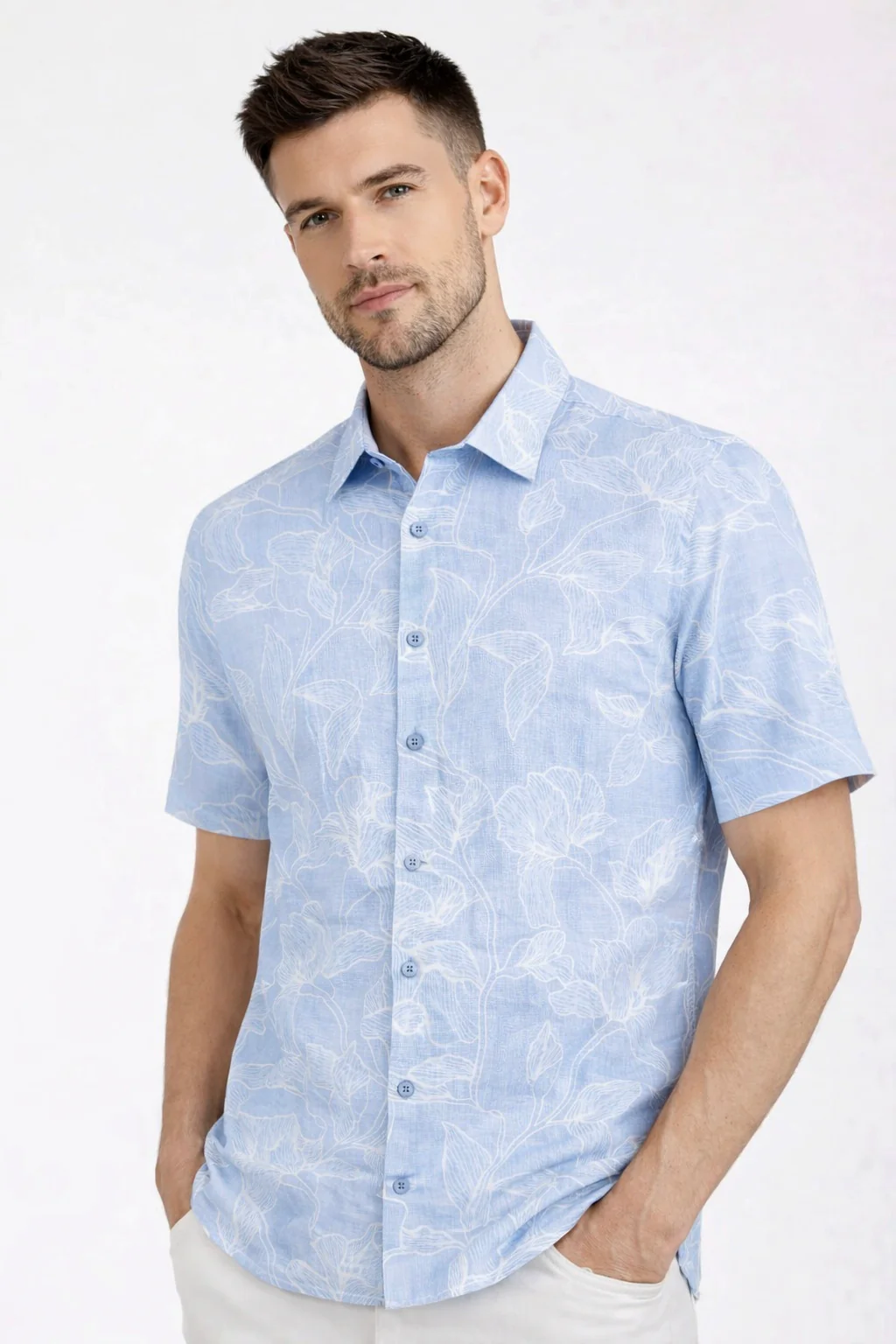 Linen Rich Sky Blue Print Shirt - Image 6