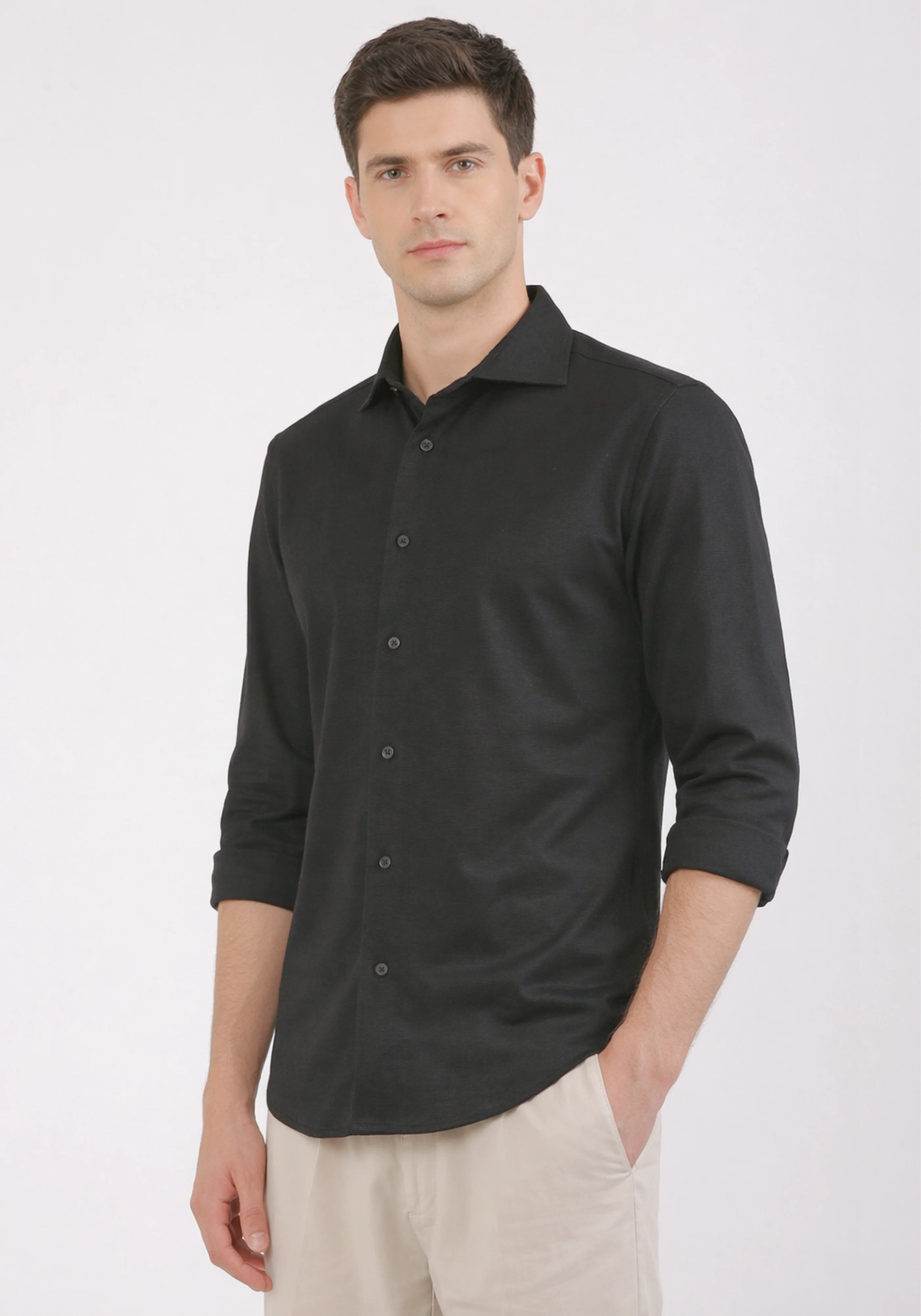 Slim Fit Textured Black Knit Shirt - Image 6